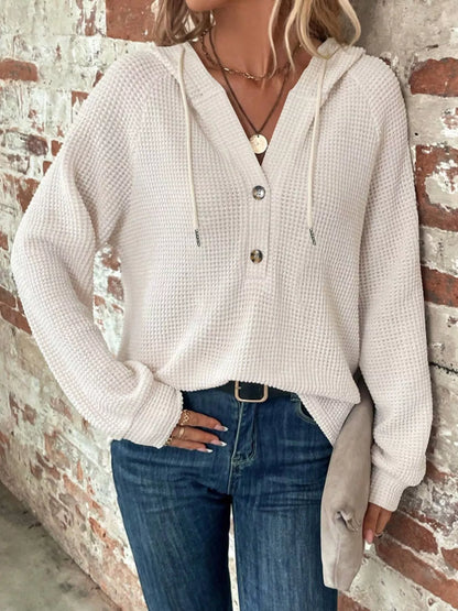 Sarah Express Women's Waffle Knit Button Detail Hoodie White