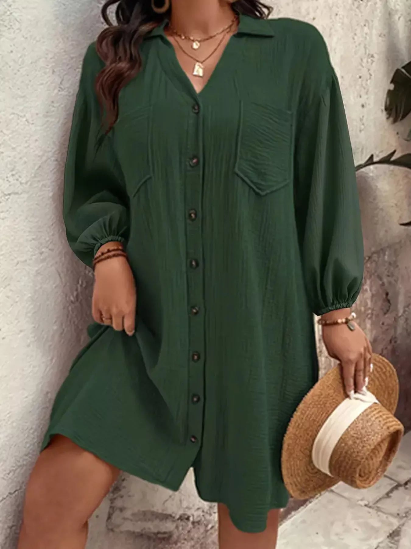 Sarah Express Women's Plus Size Casual Button-Down Shirt Dress Dark Green
