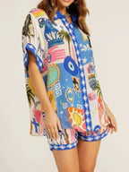 Sarah Express Women's Printed Button Up Shirt and Shorts Set