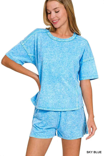 Sarah Express Women's Snow Washed Tee and Shorts Set - Casual Loungewear Two Piece SKY BLUE