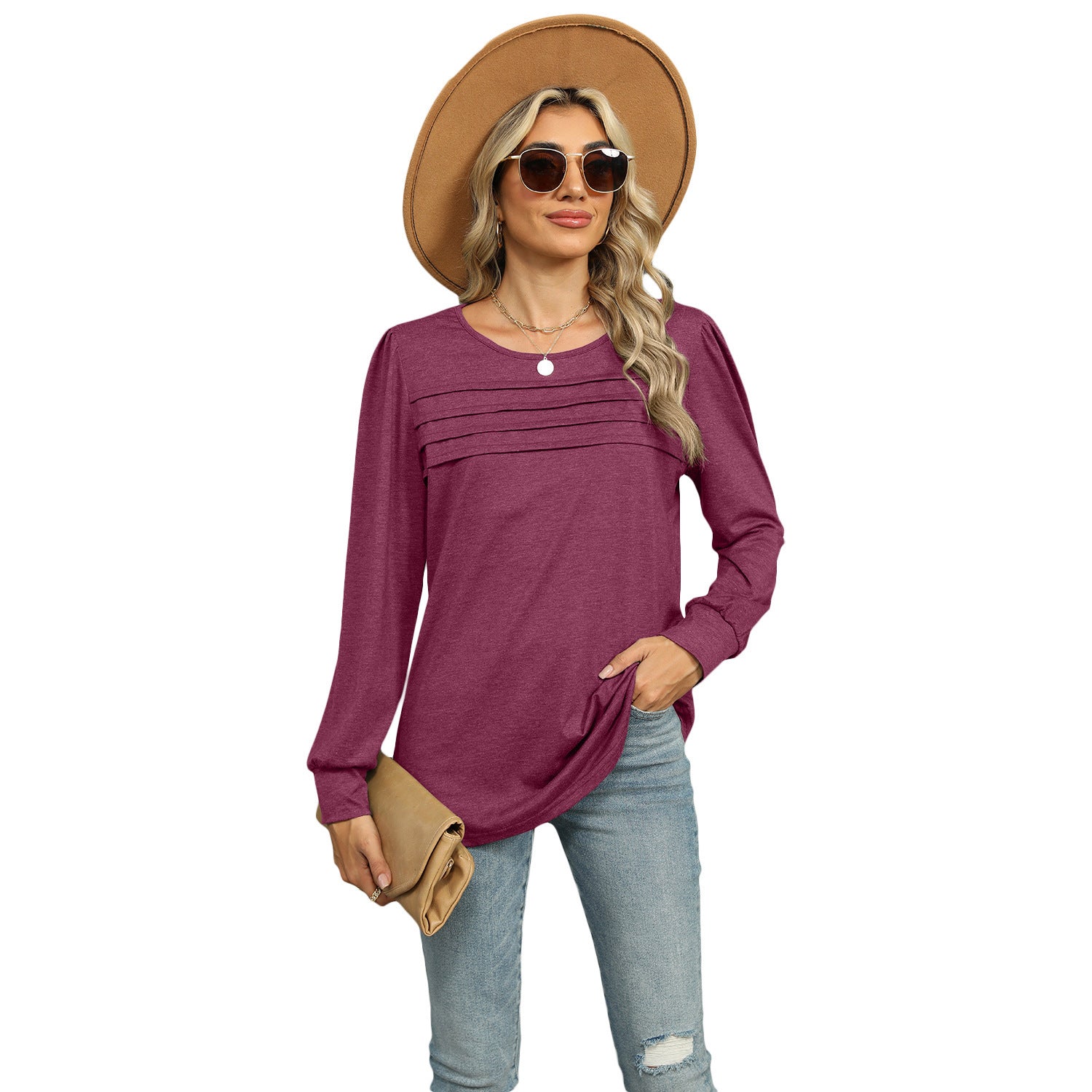 Sarah Express Solid Color U-Neck Pleated Long Sleeve Top for Women