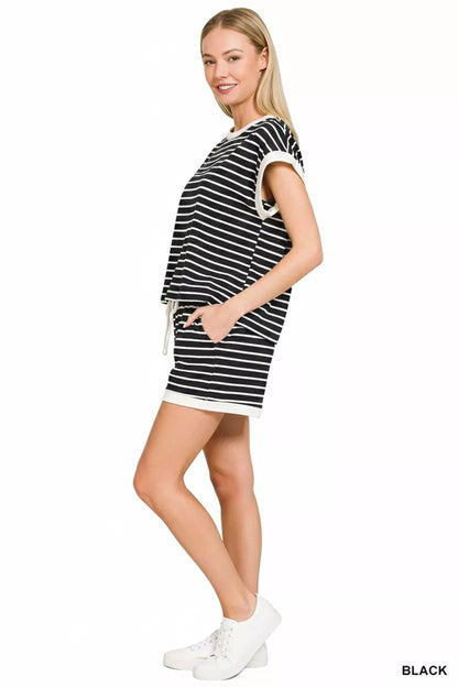 Sarah Express Women's Stripe Contrast Trim Top & Shorts Set