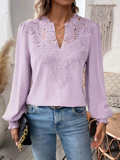 Sarah Express Women's Lace Trim Long Sleeve Blouse with Swiss Dot Detail Pink Purple