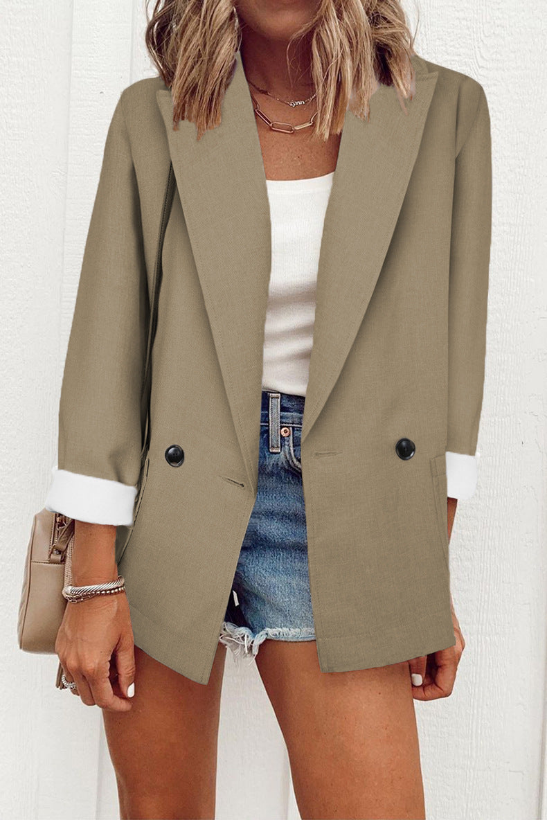 Sarah Express Women's Double-Breasted Blazer Loose Fit Suit Collar Long Sleeve Jacket
