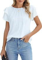 Sarah Express Women's Pleated Round Neck Blouse Short Sleeve Professional Work Top