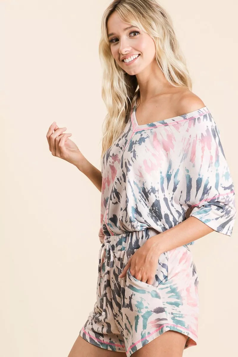 Sarah Express Women's Tie Dye Print Terry V Neck Top - Contrast Trim Casual Tee