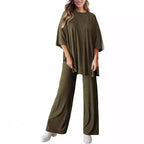 Sarah Express Two Piece Pullover Top Wide Leg Pants Set Polyester