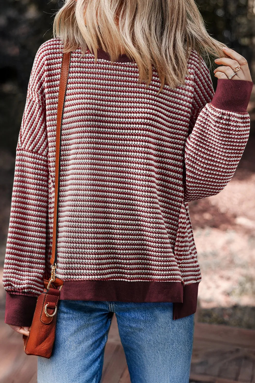 Sarah Express Women's Oversized Striped Round Neck Sweatshirt Burgundy