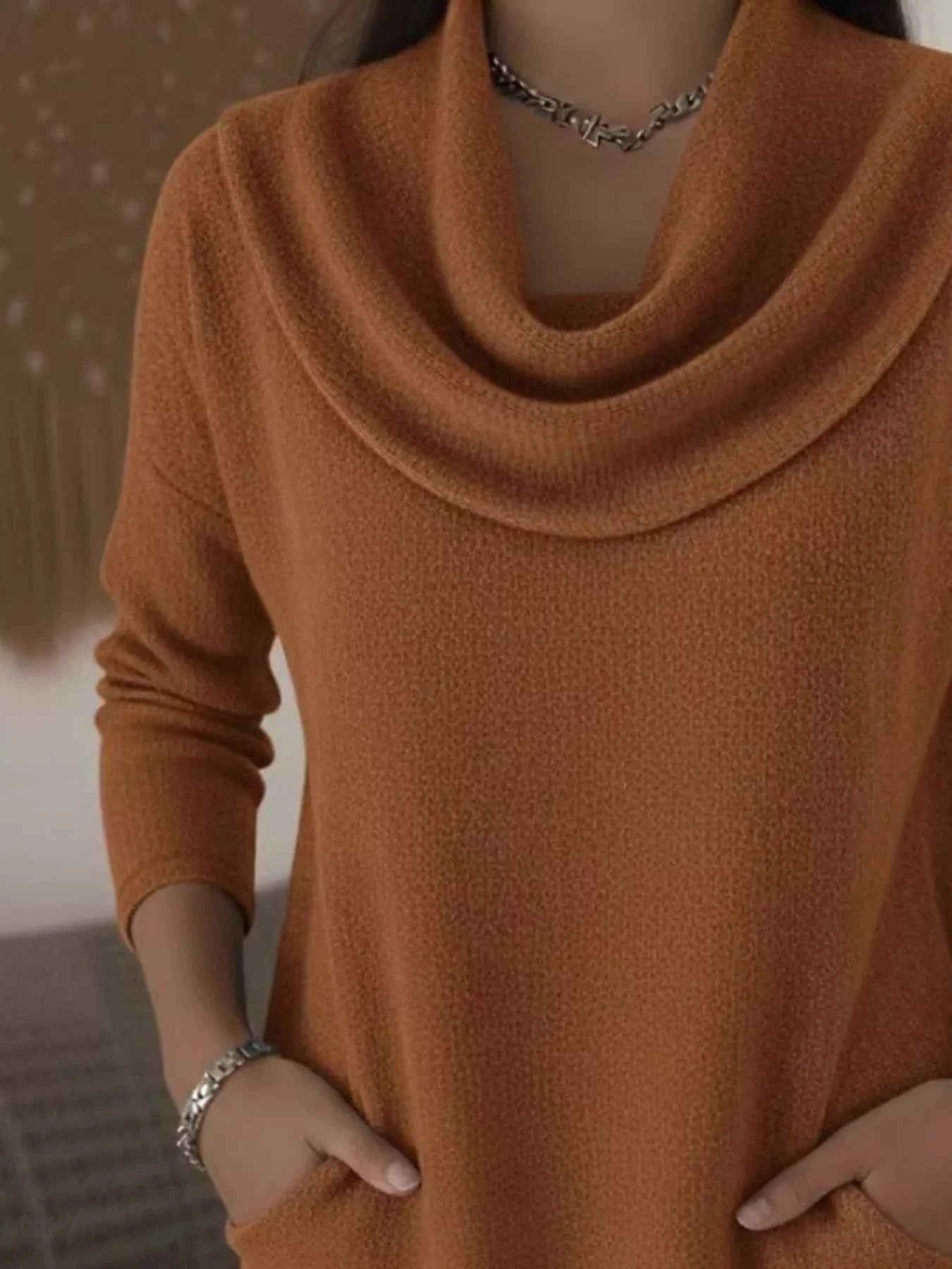 Sarah Express Women's Cowl Neck Long Sleeve Top - Plus Size Casual Tunic Blouse with Pockets