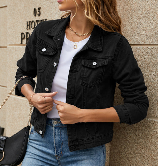 Sarah Express Women's Denim Jacket Slim Fit Lapel Long Sleeve Cotton Fall Spring Casual Work Outerwear