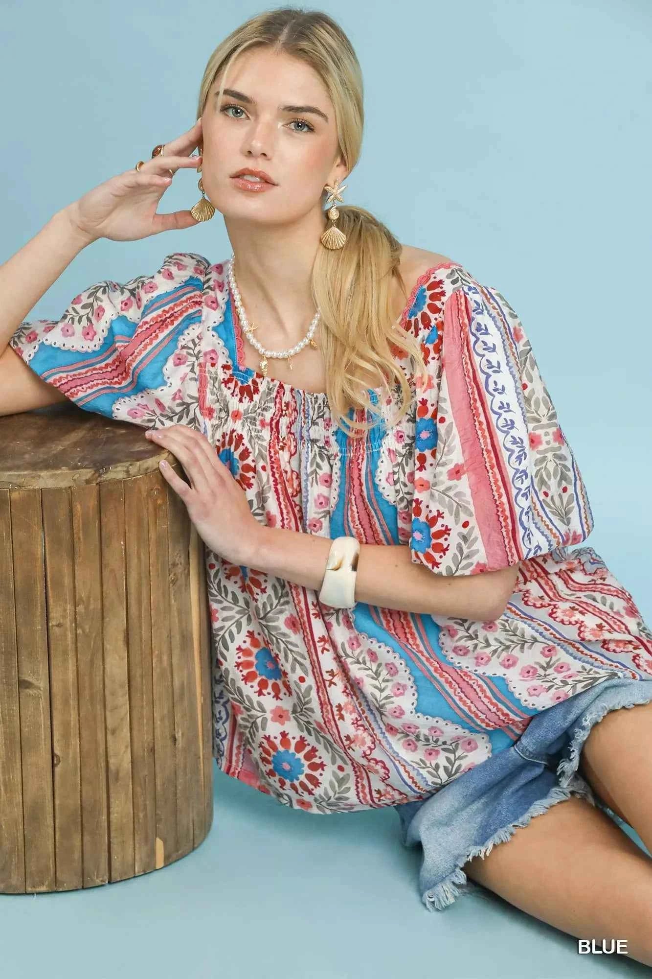 Sarah Express Women's Patchwork Puff Sleeve Smocked Blouse - Floral Stripe Square Neck Top