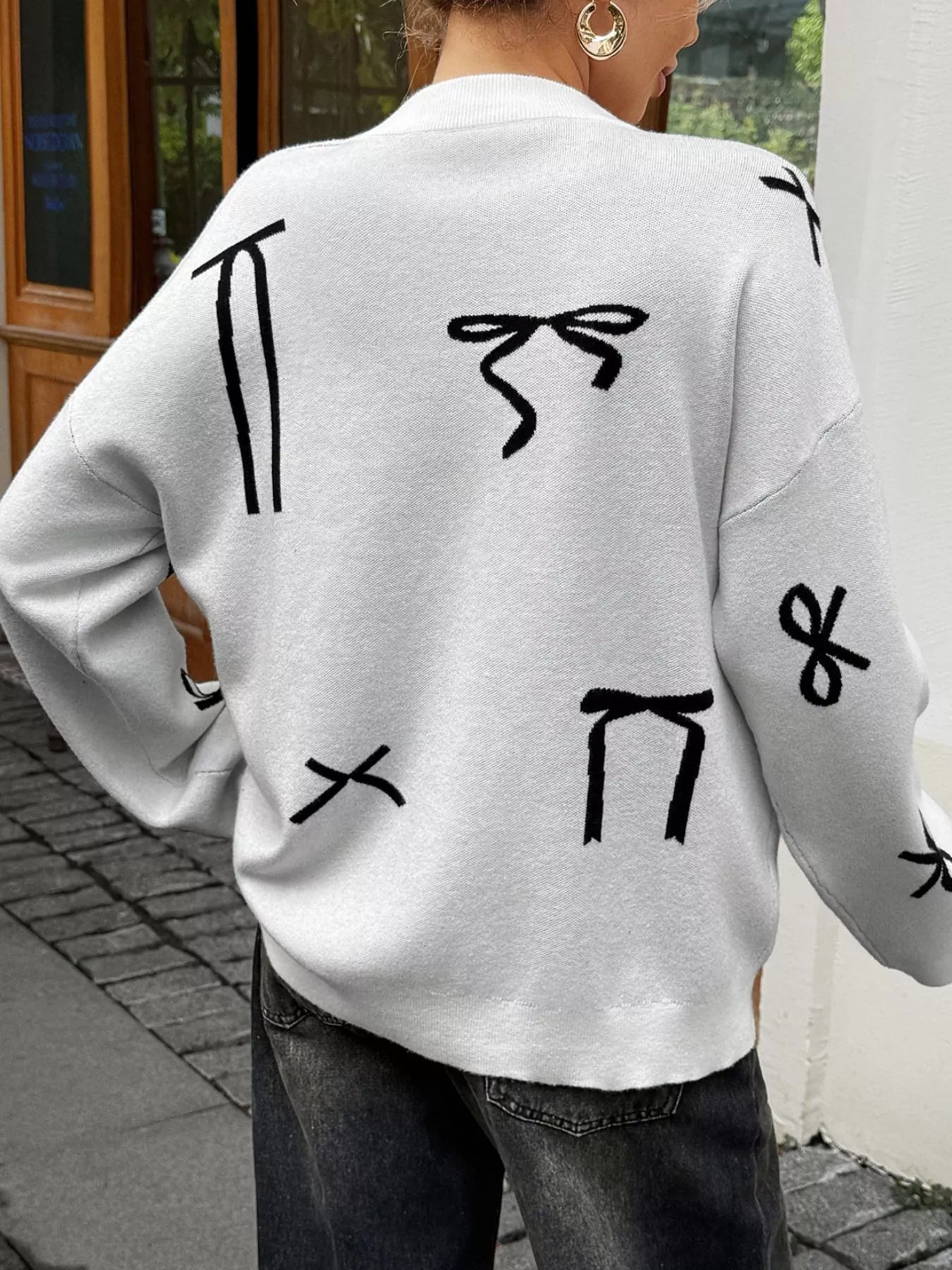 Sarah Express Women's Bow Round Neck Dropped Shoulder Sweater | Cozy Knit Top