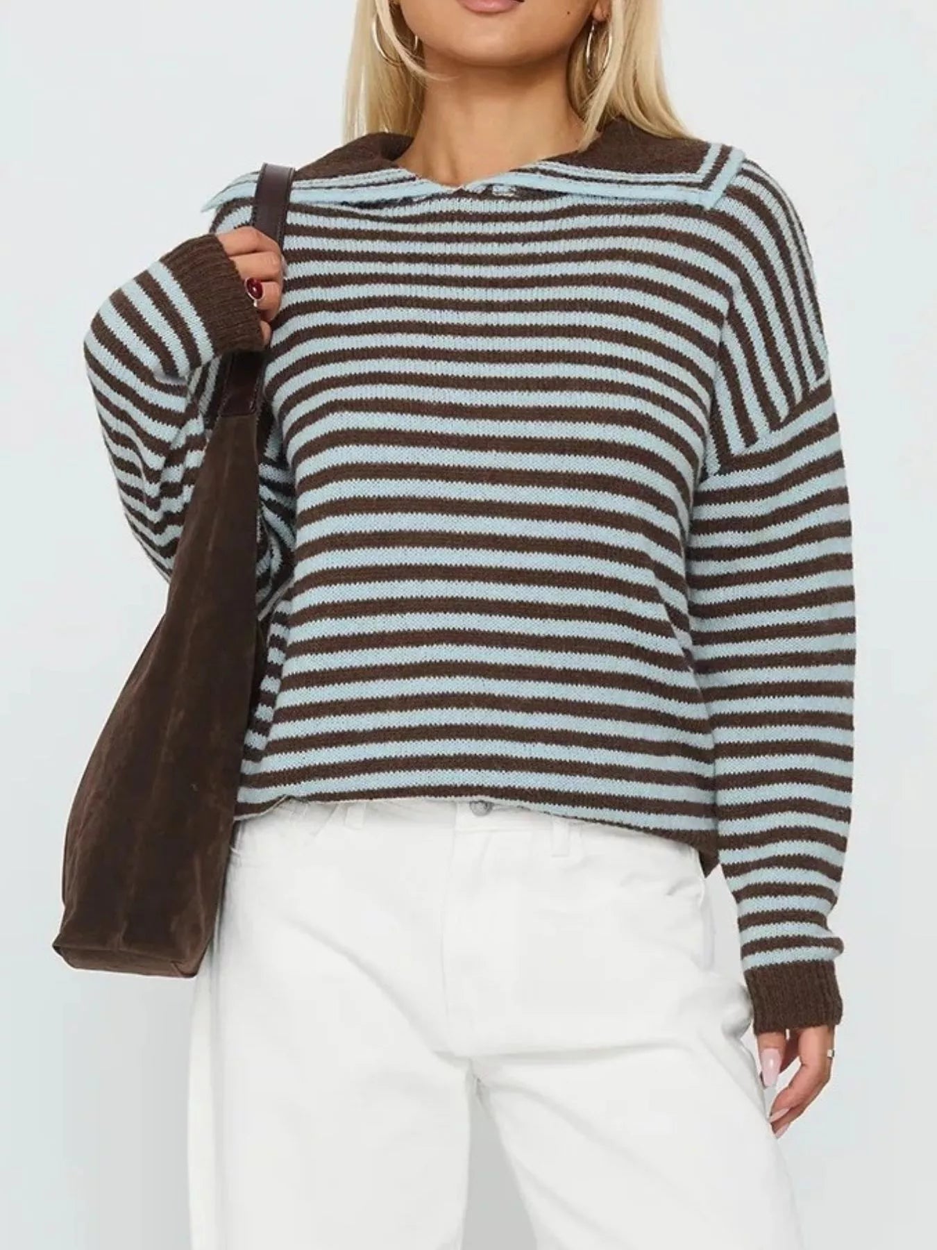 Sarah Express Women's Striped Knit Dropped Shoulder Sweater