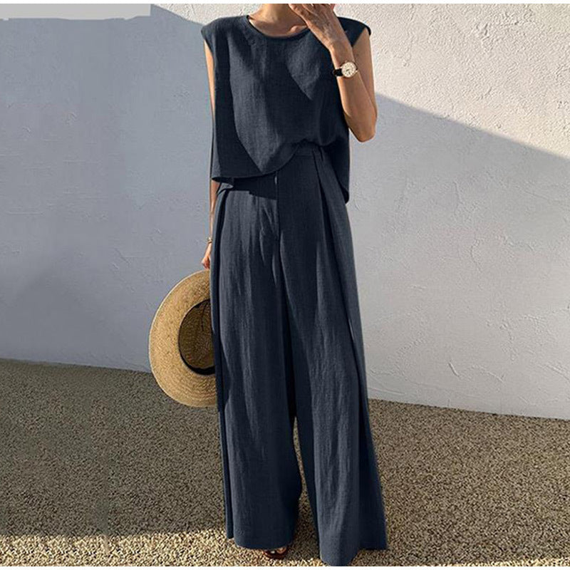 Sarah Express Women's Cotton Linen Two-Piece Set Sleeveless Top Wide Leg Pants Casual