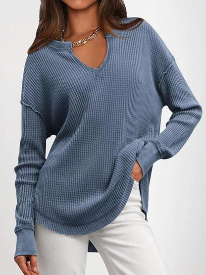 Sarah Express Women's Slit Notched Long Sleeve T-Shirt Blue