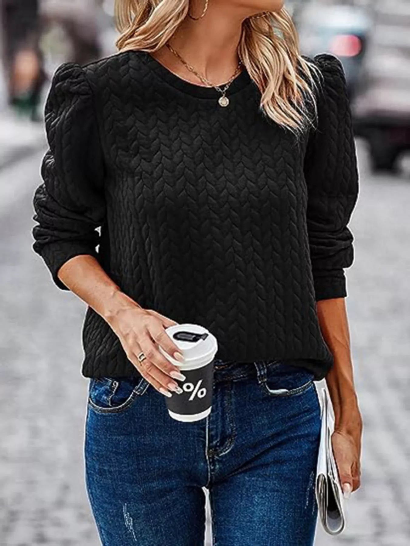 Sarah Express Women's Texture Round Neck Long Sleeve Sweatshirt Black