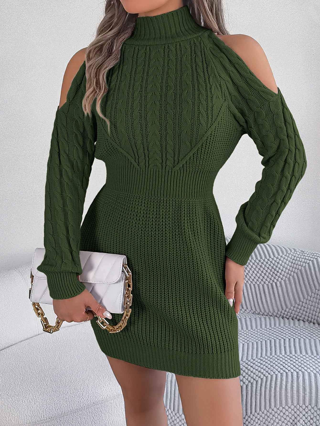 Sarah Express Women's Off-Shoulder Cable Knit Sweater Dress - Bodycon Turtleneck Lantern Sleeve Dress