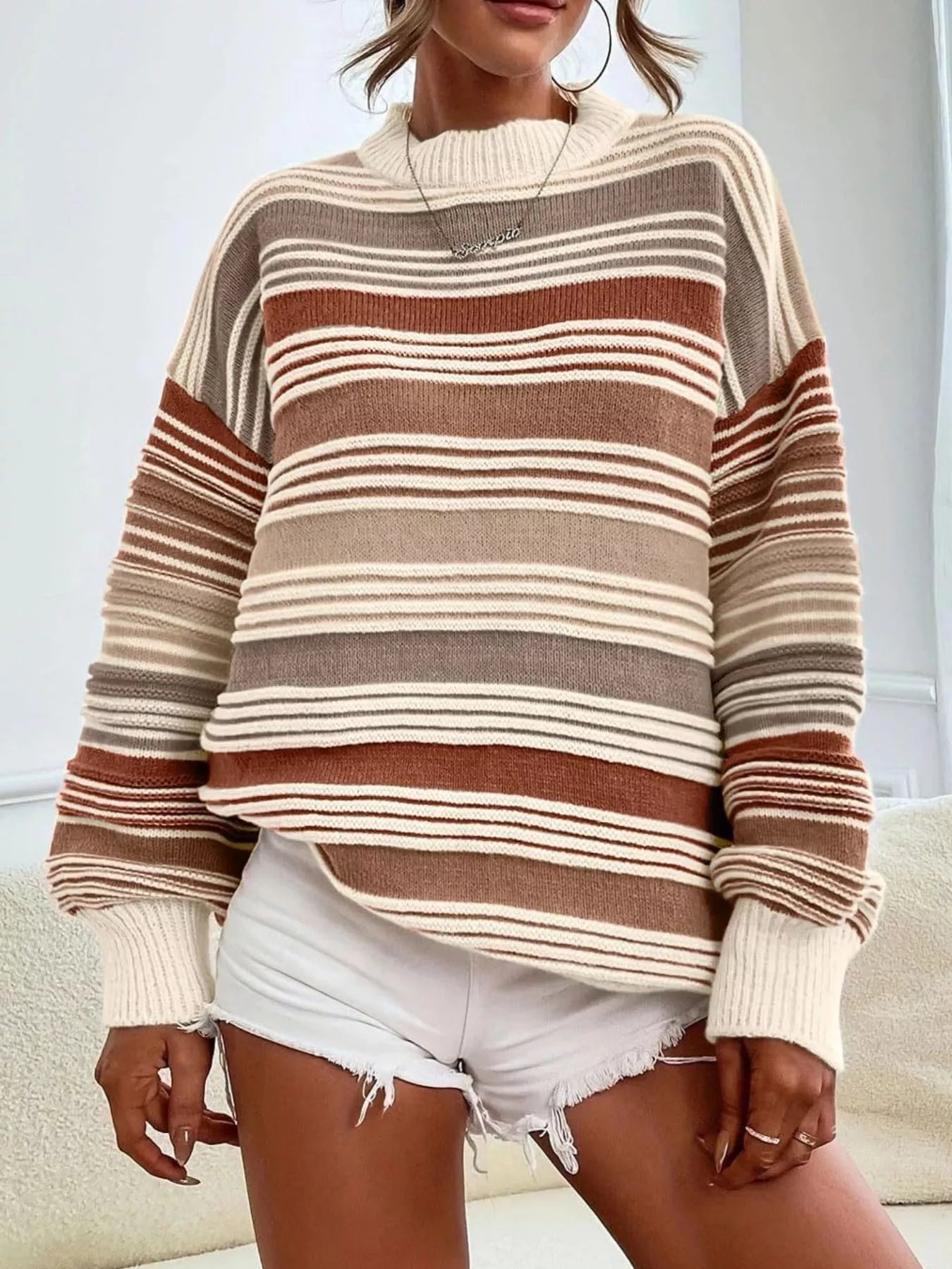 Sarah Express Women's Striped Knit Long Sleeve Sweater Camel
