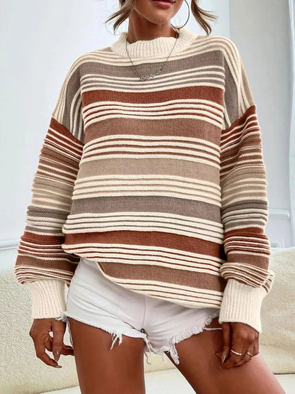 Sarah Express Women's Striped Knit Long Sleeve Sweater Camel