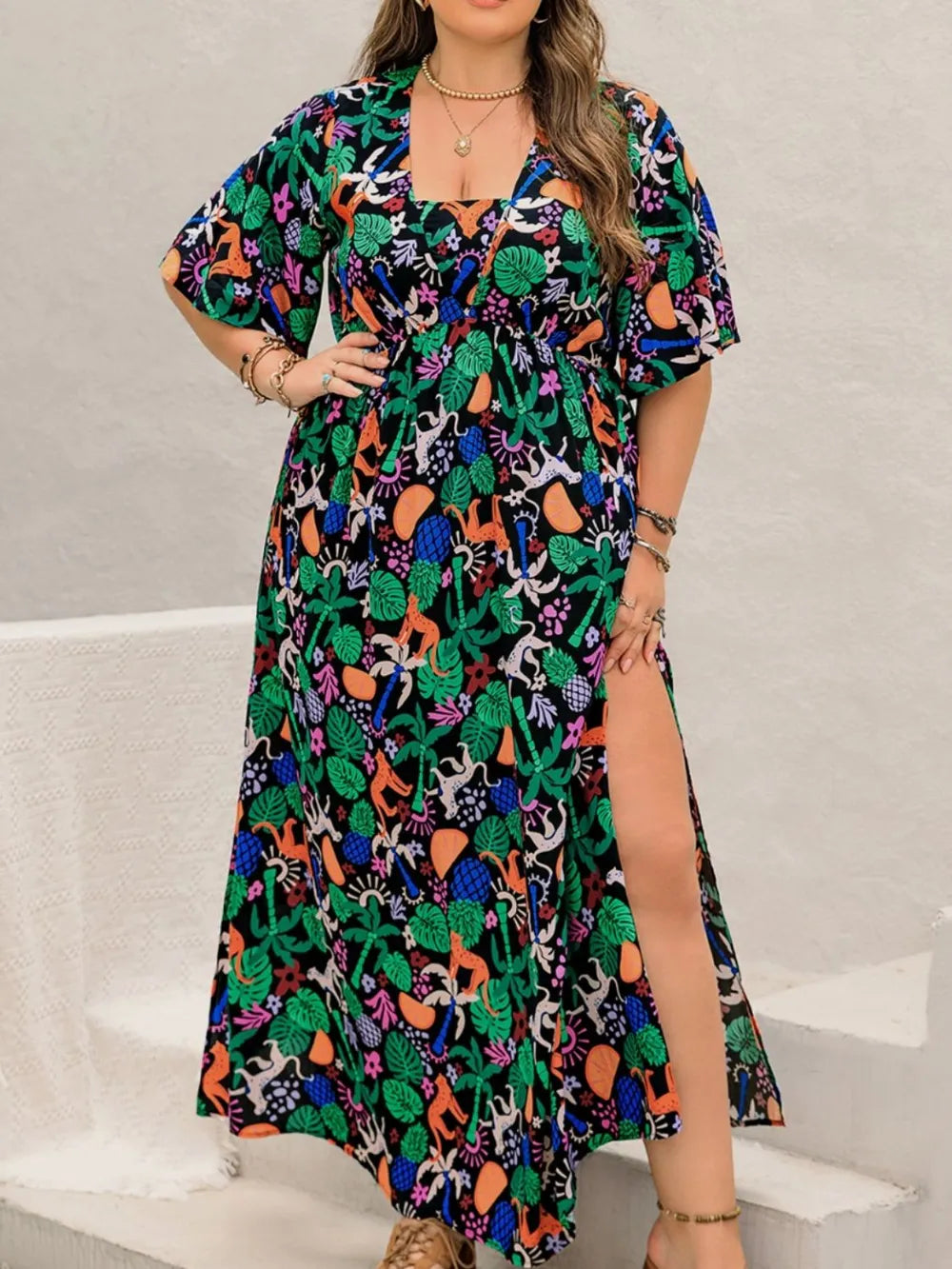 Sarah Express Women's Plus Size Printed Maxi Dress with Split - Elegant Long Dress