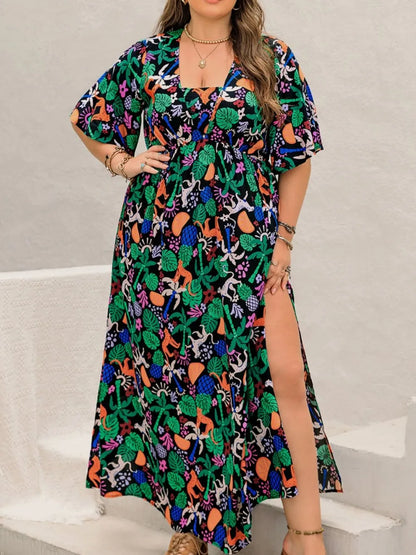 Sarah Express Women's Plus Size Printed Maxi Dress with Split - Elegant Long Dress