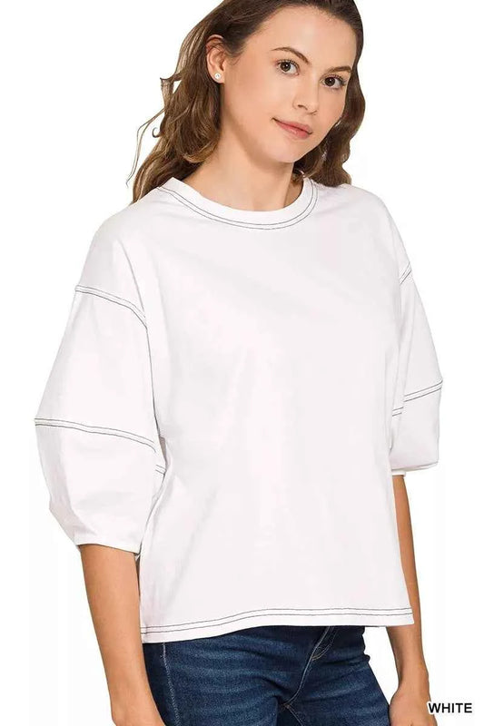 Sarah Express Women's Balloon Sleeve Top with Contrast Stitching - 100% Cotton Casual Blouse