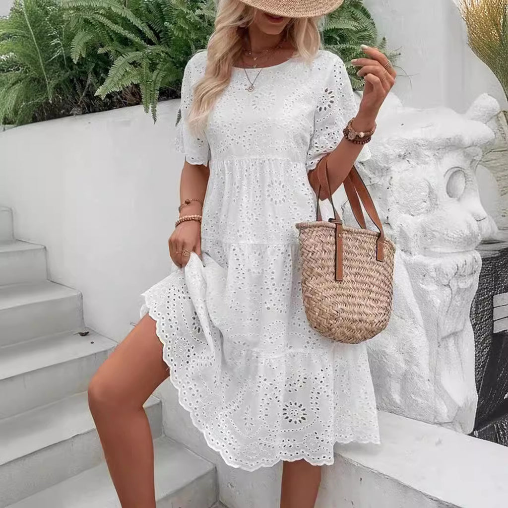 Sarah Express Women's Embroidered Floral Maxi Dress Ruffle Sleeve A-Line White Cotton Blend