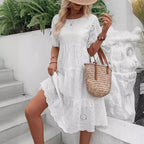 Sarah Express Women's Embroidered Floral Maxi Dress Ruffle Sleeve A-Line White Cotton Blend