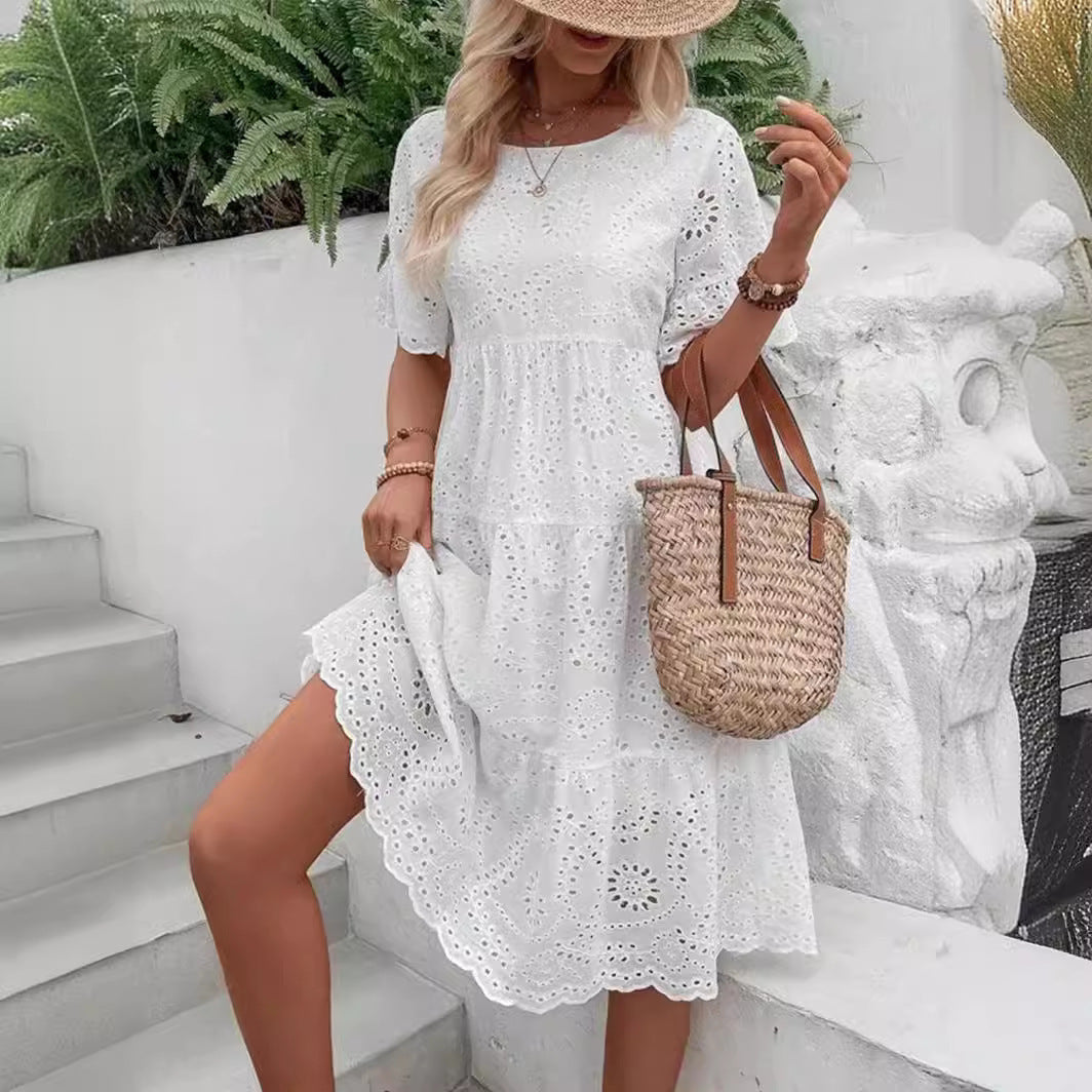 Sarah Express Women's Embroidered Floral Maxi Dress Ruffle Sleeve A-Line White Cotton Blend