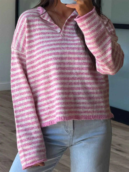 Sarah Express Women's Striped Button Detail Sweater - Dropped Shoulder Knit Top Pink