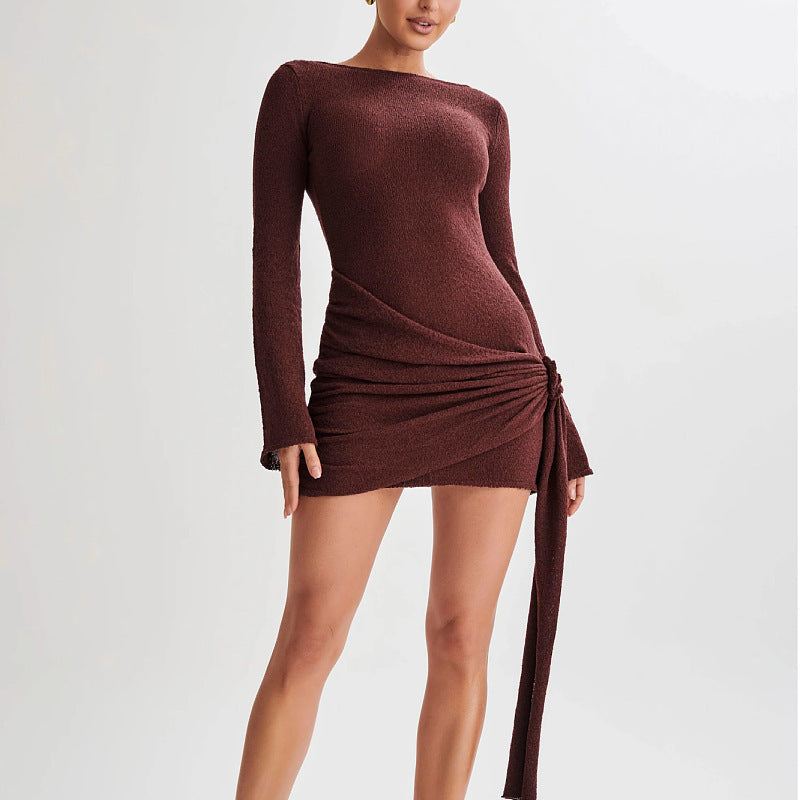 Fashion Slim Long-sleeved Dress Y2K Hip-hugging V-shaped Backless Short Dresses Womens Clothing