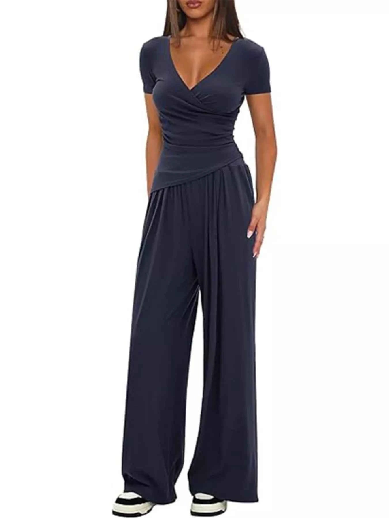 Sarah Express Women's Surplice Short Sleeve Top and Pants Set - Two Piece Outfit Dark Blue