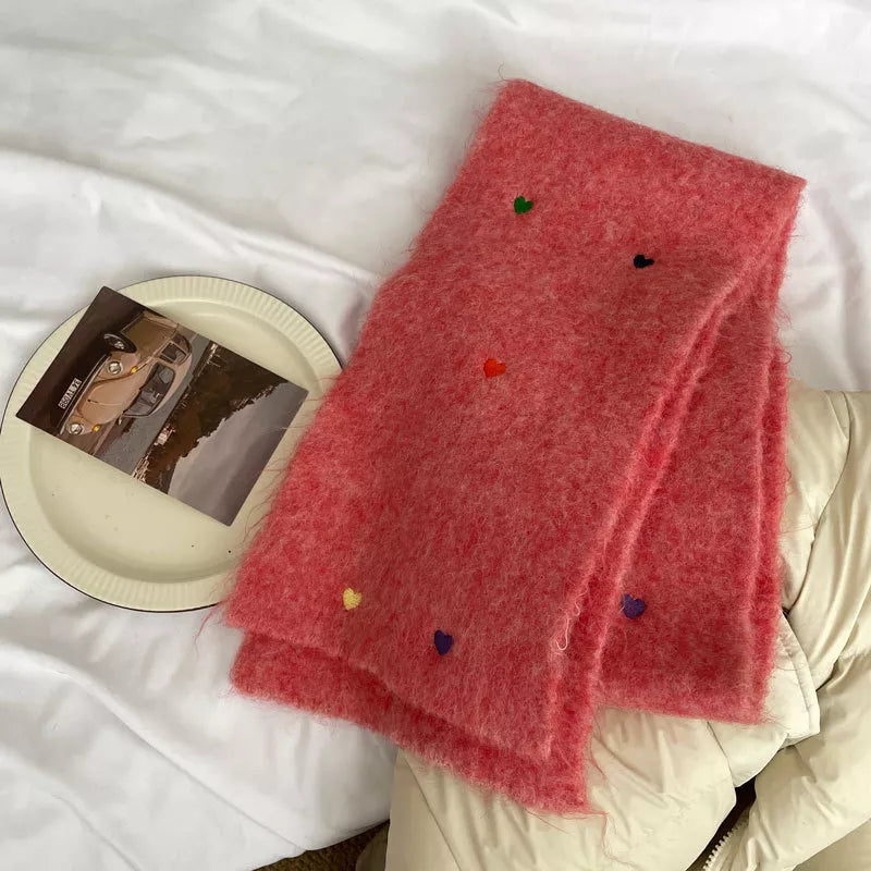 Sarah Express Women's Heart-Embellished Fuzzy Knit Scarf