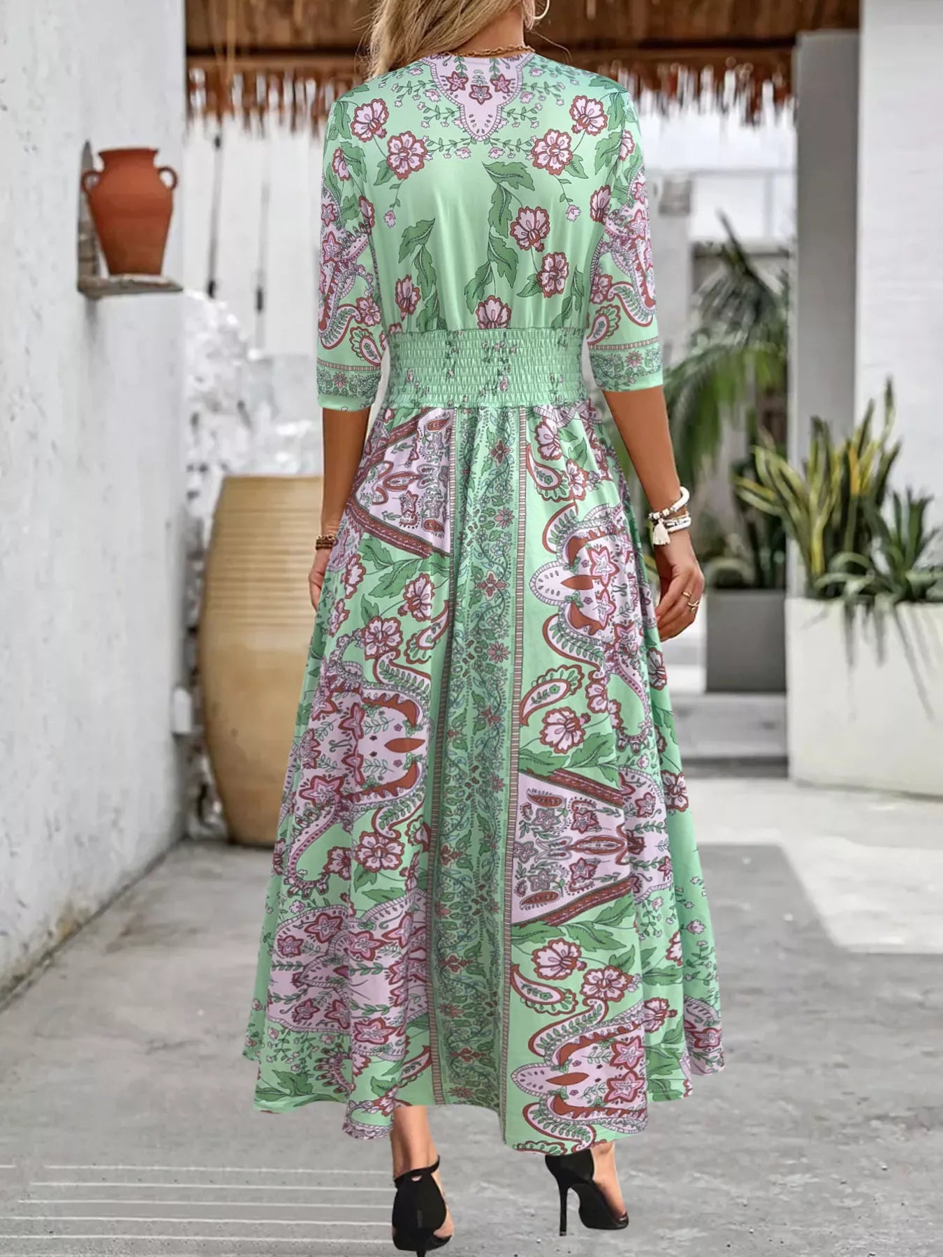 Sarah Express Women's Smocked Printed Half Sleeve Midi Dress