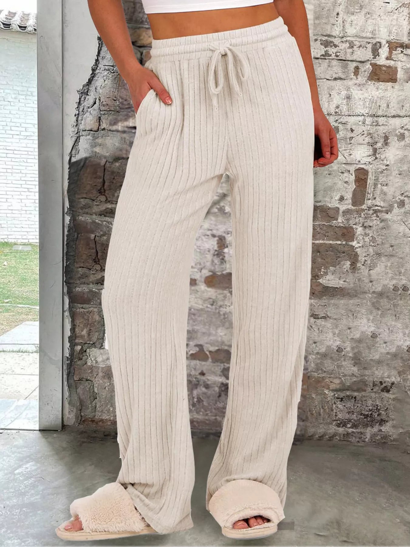 Sarah Express Women's Ribbed Knit Joggers with Pockets - Drawstring Waist Lounge Pants