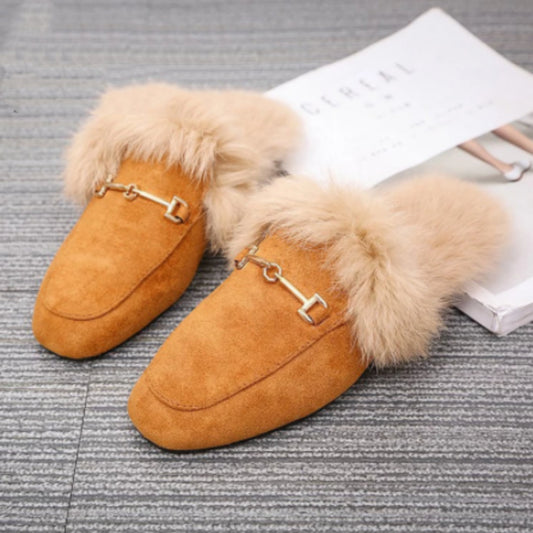 Women's Velvet Flat Slippers | Faux Fur Suede Round Toe Indoor Outdoor Slides