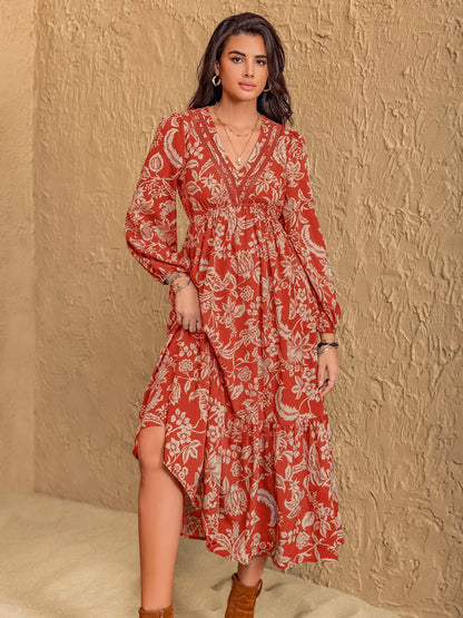 Sarah Express Women's Boho Floral Print Long Sleeve Midi Dress Rust