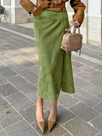 Sarah Express Women's Solid Color Midi Skirt with Slit Matcha Green