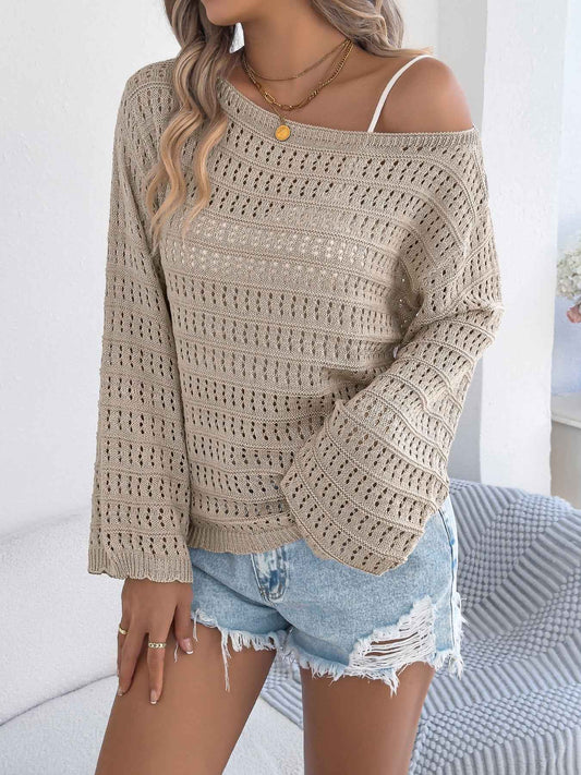 Sarah Express Women's Off-Shoulder Cardigan Sweater Hollow Out Knit Long Sleeve