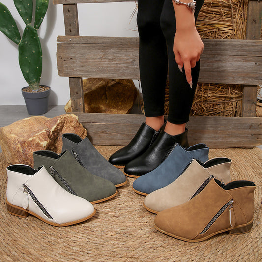 Sarah Express Women's Chunky Heel Pointed-Toe Ankle Boots – Side Zipper, PU Leather, Multi-Color