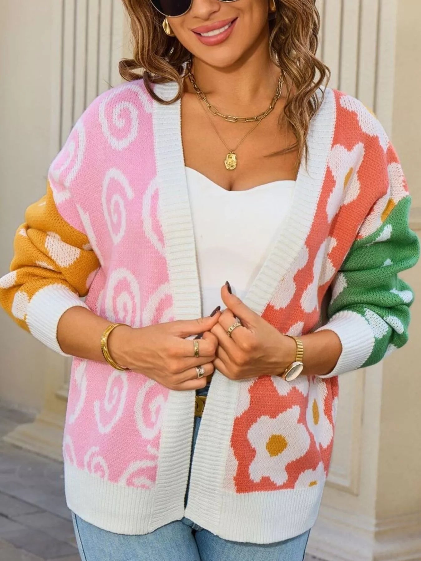 Sarah Express Women's Colorful Ribbed Open Front Cardigan - Multicolor Striped Knit Sweater White