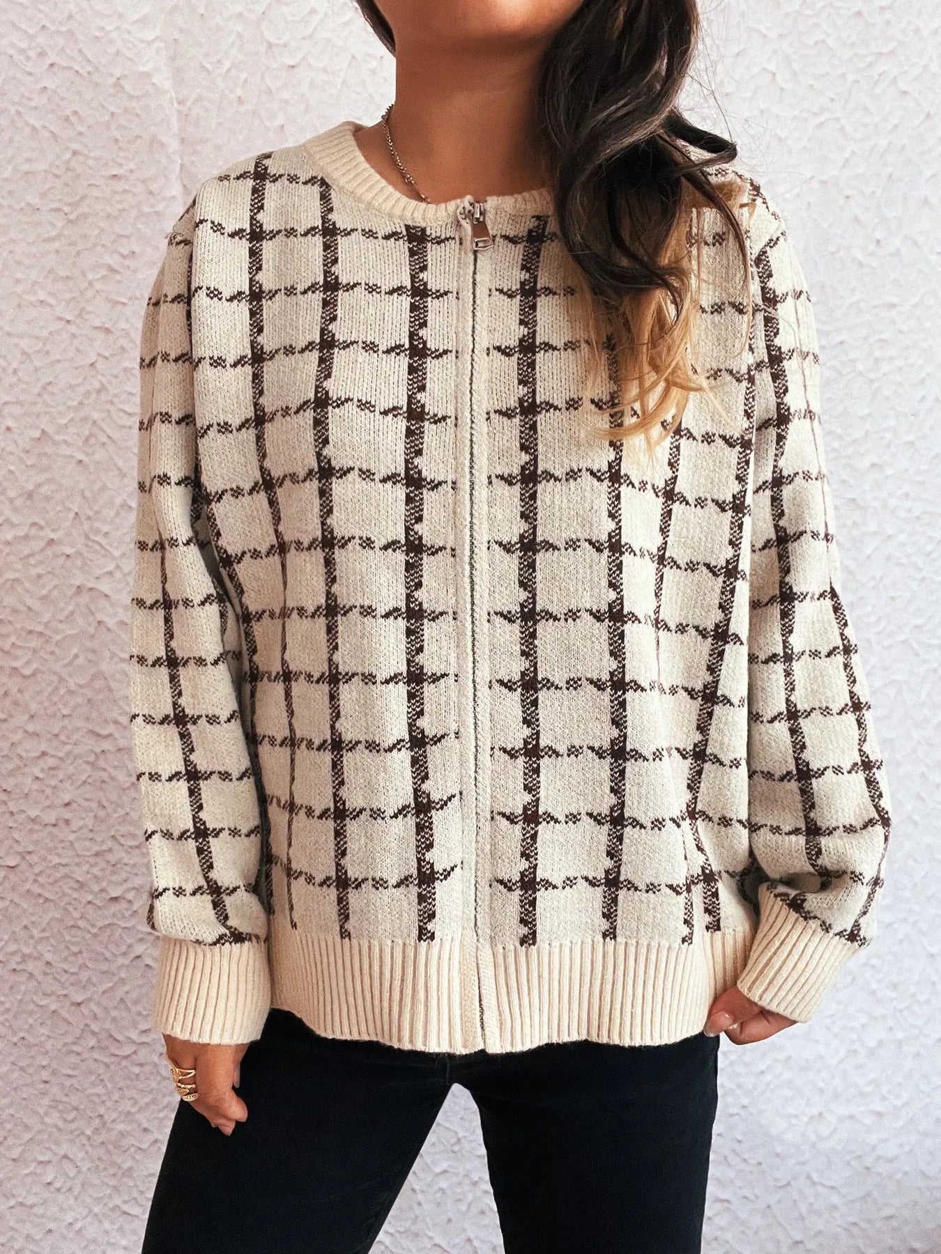 Sarah Express Women's Plaid Pattern Zip Up Cardigan Apricot One Size