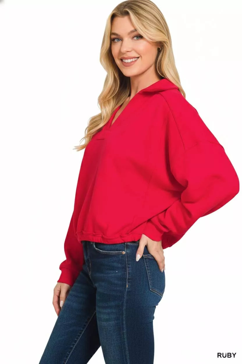 Sarah Express Women's French Terry Collared Exposed Seam Sweatshirt - Premium Comfort
