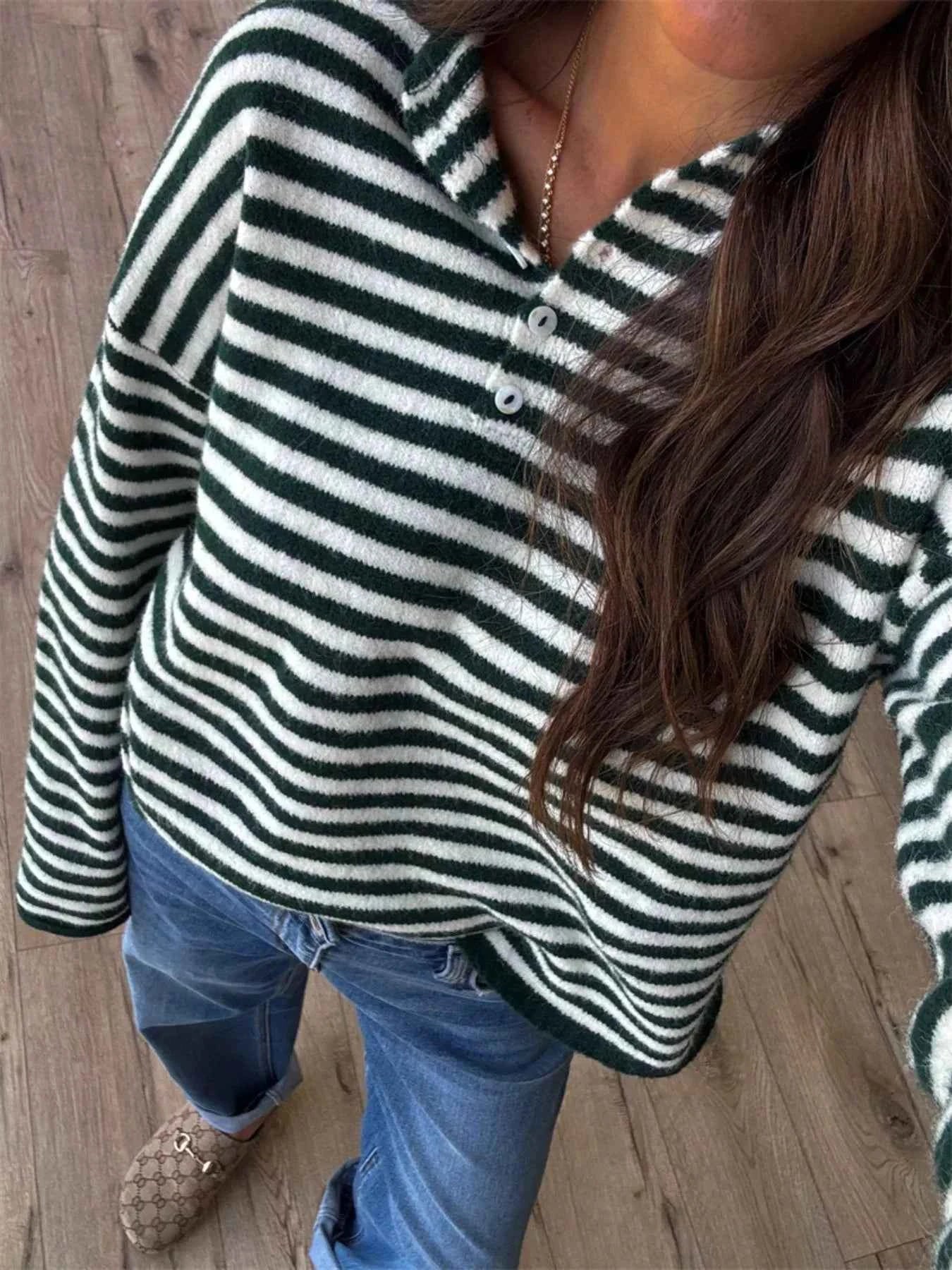 Sarah Express Women's Striped Button Detail Sweater - Dropped Shoulder Knit Top Green