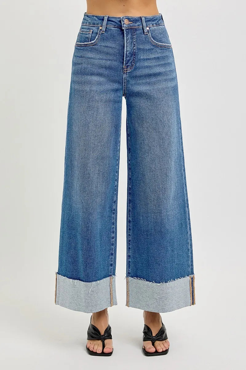 Sarah Express Women’s Plus Size Tummy Control High Rise Ankle Jeans with Wide Cuff

