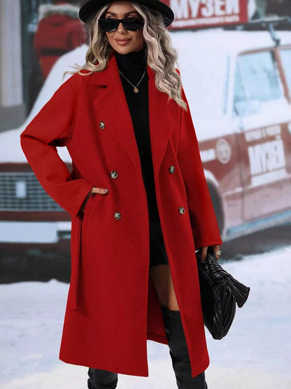 Sarah Express Women's Double-Breasted Lapel Collar Overcoat Red