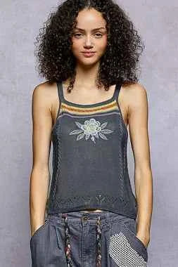 Sarah Express Women's Embroidered Floral Square Neck Knit Cami Top - Sleeveless Tank