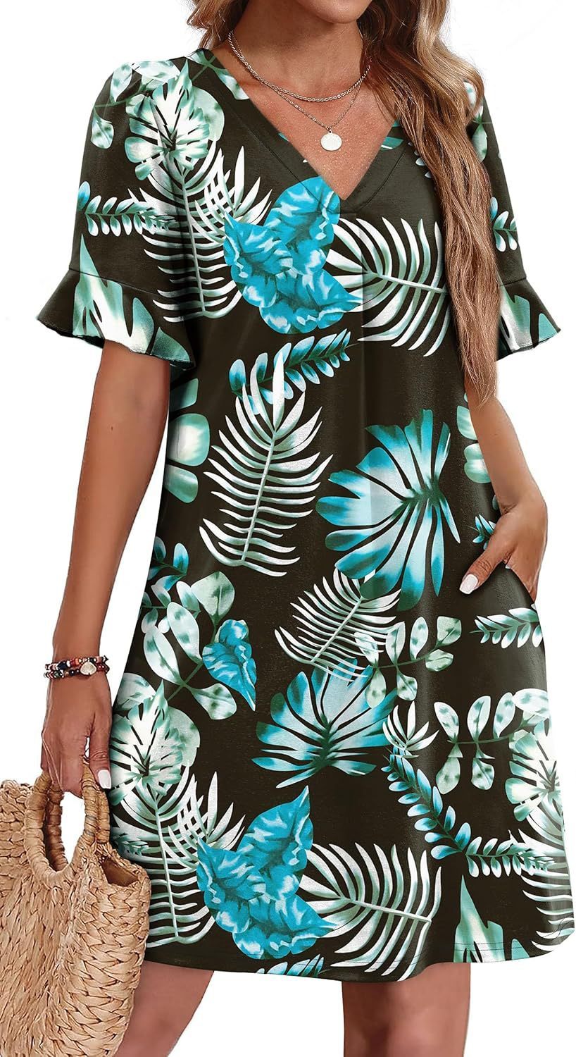 Sarah Express Women's V-Neck Ruffled A-Line Dress with Pockets Vacation Casual Short Sleeve