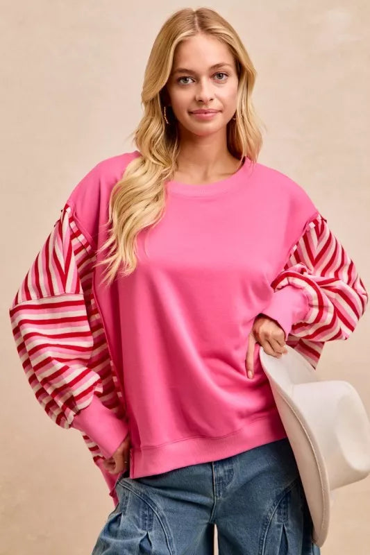 Sarah Express Women's French Terry Stripe Combo Sweatshirt with Open Seam