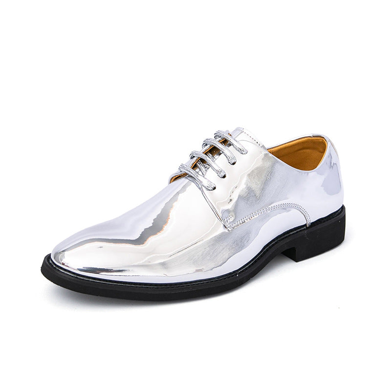 Sarah Express Mens Casual Pointed-toe Glossy Leather Shoes In British Style Silver